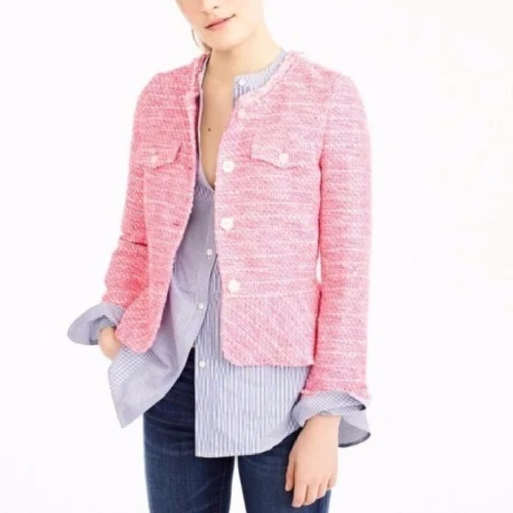 J.Crew Pink Tweed Jacket Blazer Braided Trim Pockets Size 6 - Picture 7 of 7